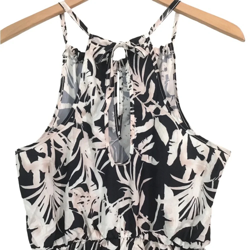Tropical Print Romper Size S Ties Behind Neck Black & White NEW